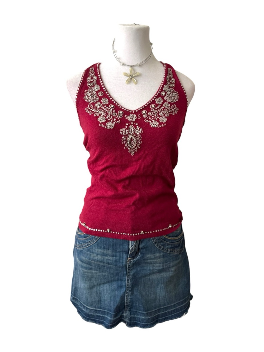 Rare Y2k Smart Set Wine Red Beaded V-Neck Tank - Picture 9 of 10